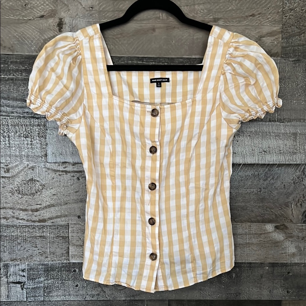 Who What Wear Yellow Gingham Puff Sleeve Square Neck Button Front Blouse Small